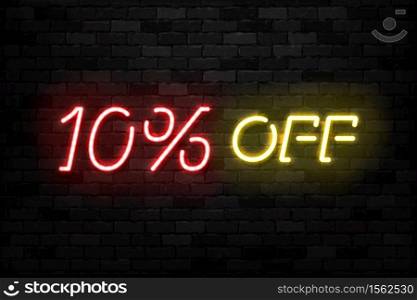 Vector realistic isolated neon sign of Neon Sale Discount 10 Percent logo for template decoration on the wall background. Concept of Black Friday and winter holidays.