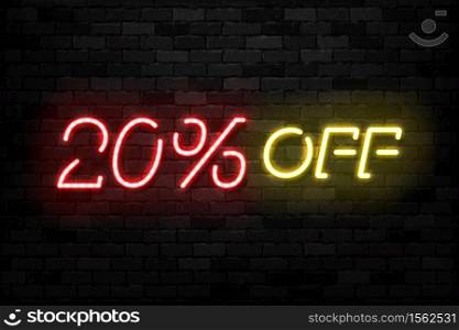 Vector realistic isolated neon sign of Neon Sale Discount 20 Percent logo for template decoration on the wall background. Concept of Black Friday and winter holidays.