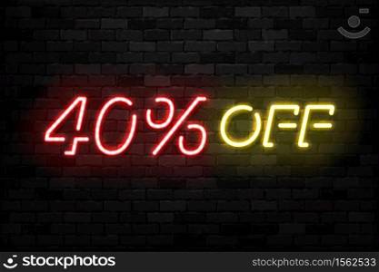 Vector realistic isolated neon sign of Neon Sale Discount 40 Percent logo for template decoration on the wall background. Concept of Black Friday and winter holidays.