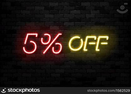 Vector realistic isolated neon sign of Neon Sale Discount 5 Percent logo for template decoration on the wall background. Concept of Black Friday and winter holidays.