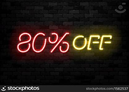 Vector realistic isolated neon sign of Neon Sale Discount 80 Percent logo for template decoration on the wall background. Concept of Black Friday and winter holidays.