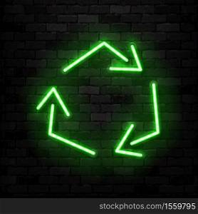 Vector realistic isolated neon sign of Recycle logo for decoration and covering on the wall background. Concept of environment and pollution.