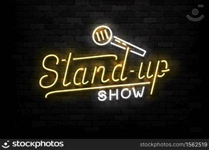 Vector realistic isolated neon sign of Stand Up Show logo for template decoration on the wall background. Concept of comedy and humor.