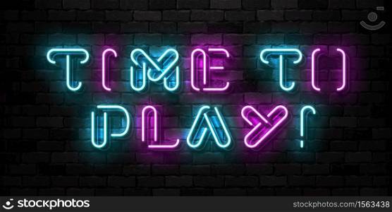 Vector realistic isolated neon sign of Time to Play typography logo for template decoration and covering on the wall background. Concept of gaming.