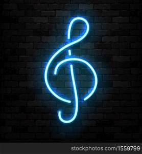 Vector realistic isolated neon sign of Treble Clef logo for template decoration and covering on the wall background. Concept of music and notes.