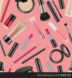 Vector realistic makeup elements pattern or background illustration. Makeup beauty and glamour cosmetic, brush and mascara. Vector realistic makeup elements pattern or background illustration