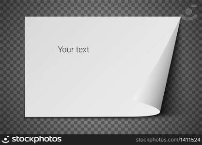 Vector realistic paper sheet with folded corner. Paper sheet A4 with shadows on transparent background. Vector realistic paper sheet with folded corner. Paper sheet A4 with shadows on transparent background.