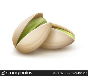 Vector realistic pistachio nuts with nutshell side view isolated on white background. Two pistachio nuts