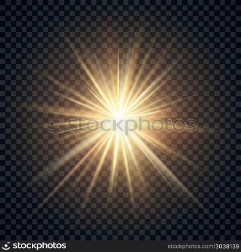 Vector realistic starburst lighting effect, yellow sun with rays and glow on transparent background. Vector realistic starburst lighting effect, yellow sun with rays and glow on transparent background. Bright star illuminated illustration