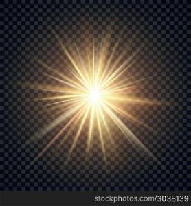 Vector realistic starburst lighting effect, yellow sun with rays and glow on transparent background. Vector realistic starburst lighting effect, yellow sun with rays and glow on transparent background. Bright star illuminated illustration