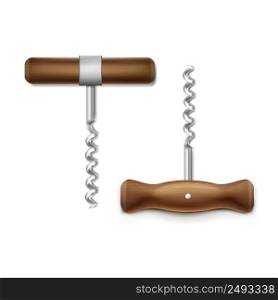 Vector realistic steel corkscrew with different wooden handle isolated on a white background. Vector realistic corkscrew