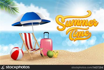 Vector realistic travel and summer beach vacation relax poster design. Island is surrounded, Sea, Beach, Umbrella, Coconut, clouds, ball, luggage, Beach chair