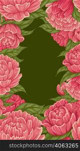 Vector rectangle frame with bush of cartoon peony flowers with foliage and copy space on green background. Natural border with floral bouquet and place for text. Template for invitations and banner. Vector rectangle frame with bush of cartoon peony flowers with foliage and copy space on green background. Natural border with floral bouquet