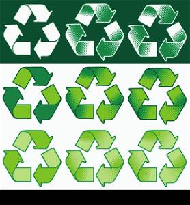 Vector recycling symbol with assorted coloring and shading options.