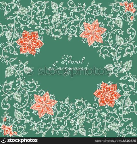vector red and green floral pattern of spirals, swirls, doodles