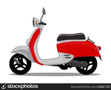 Vector red and white retro scooter, flat style side view. Moped for delivery, scooter for tourism. Economical and ecological city transport. Vector illustration.. Vector red and white retro scooter, flat style side view.