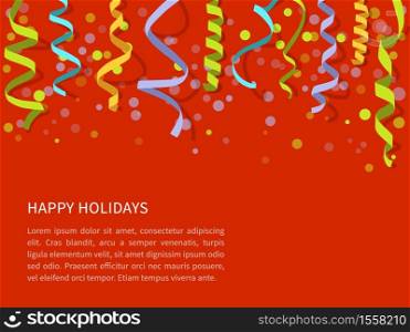 Vector Red background with colorfulstreamers and space for text. Carnival party serpentine decoration, paper ribbons for holidays design. Red background with colorful streamers