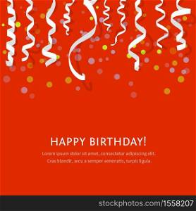 Vector Red background with white streamers and space for text. Carnival party serpentine decoration, paper ribbons. Red background with white streamers
