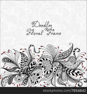 vector red, black and white floral pattern of spirals, swirls, doodles