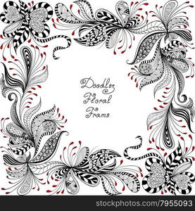 vector red, black and white floral pattern of spirals, swirls, doodles