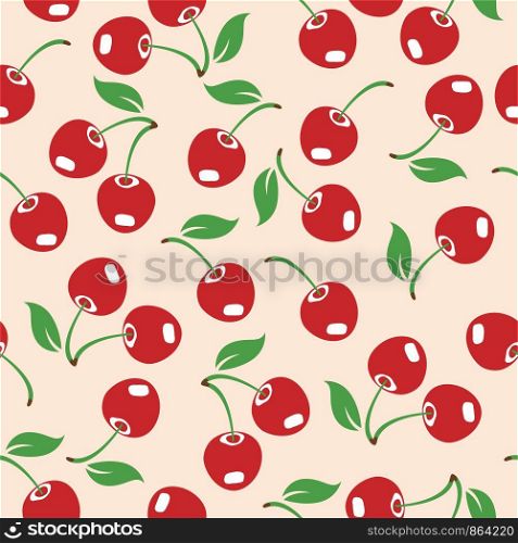 vector red cherry seamless pattern. cherry fruit with leaves background illustration. colorful seamless food pattern