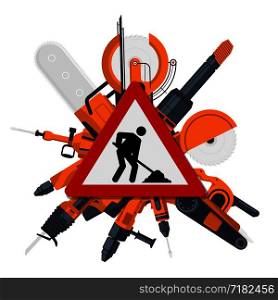 Vector red constructions sign with electric tools behind. Work icon and equipment electric illustration. Vector red constructions sign with electric tools behind