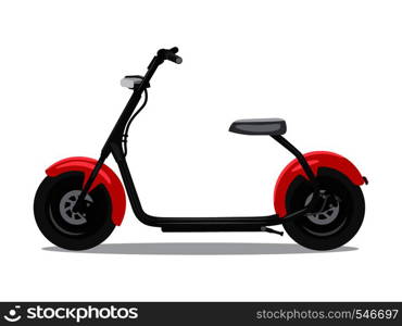 Vector red modern electroscout elektroskuter, flat style side view. Moped for delivery, scooter for tourism. Economical and ecological city transport. Vector illustration.. Vector red modern electroscout elektroskuter, flat style side view.