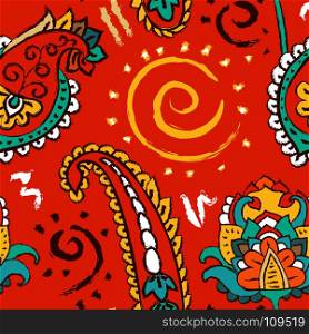 Vector red ornamental pattern. Bright wallpaper with indian motif. Vector red ornamental pattern. Bright wallpaper with indian motif, hand drawn ornament