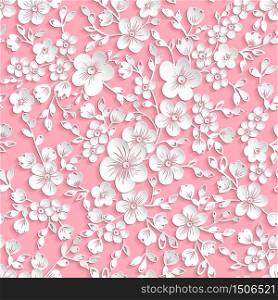 Vector red sakura flower seamless pattern element. Elegant texture for backgrounds. 3D elements with shadows and highlights. Paper cut. Cherry blossom