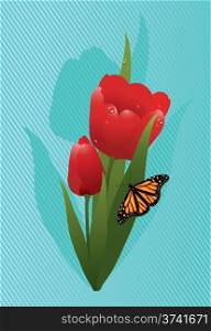 vector red tulips and a butterfly