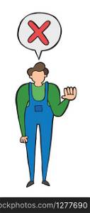 Vector repairman giving thumbs down. Hand drawn illustration. Black outlines and colored.