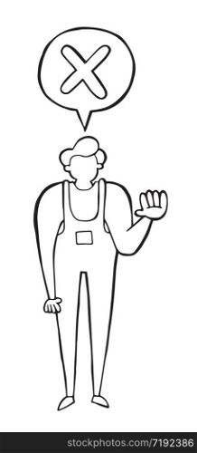 Vector repairman giving thumbs down. Hand drawn illustration. Black outlines and white background.