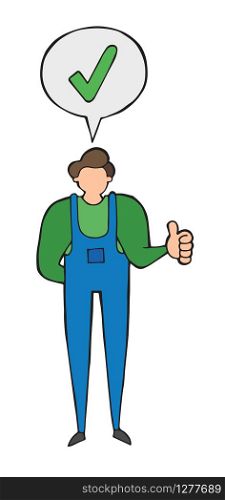 Vector repairman giving thumbs up. Hand drawn illustration. Black outlines and colored.