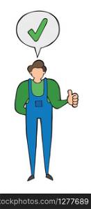 Vector repairman giving thumbs up. Hand drawn illustration. Black outlines and colored.
