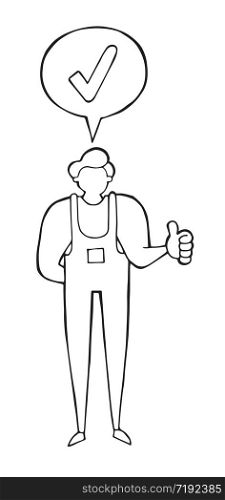Vector repairman giving thumbs up. Hand drawn illustration. Black outlines and white background.