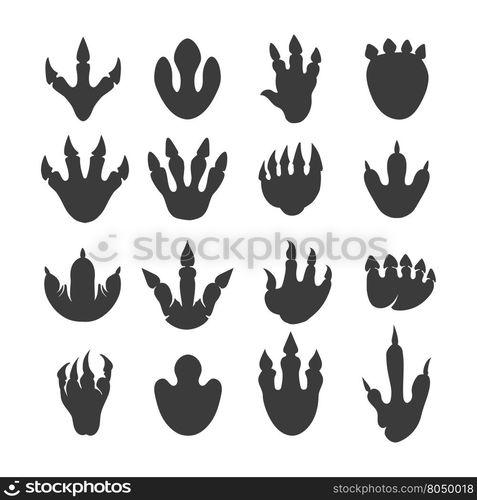 Vector reptile footprints or dinosaur tracks. Vector reptile footprints. Dinosaur tracks vector black icons