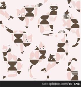 Vector Retro Abstract Geometric Cat Silhouette Seamless Pattern, Pink & Brown.