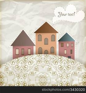 vector retro background with vintage floral pattern and old houses, place for your text, crumpled paper texture, gradient mesh