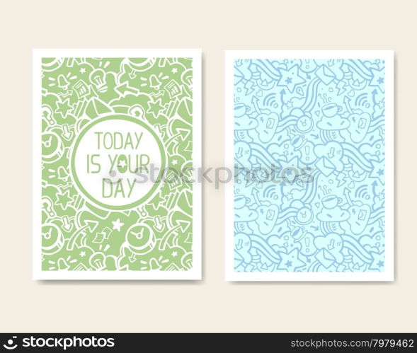 Vector Retro Color Business Design. Hand Drawn Abstract Modern Style Template Collection for Banner, Flyer, Placard, Brochure and Poster on Light Background. Front ad Back Side. Green and Blue.