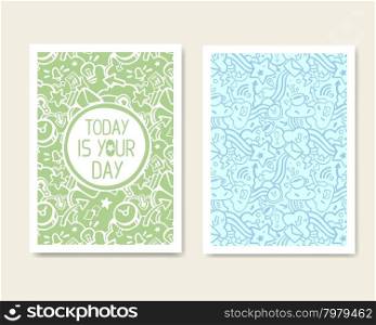 Vector Retro Color Business Design. Hand Drawn Abstract Modern Style Template Collection for Banner, Flyer, Placard, Brochure and Poster on Light Background. Front ad Back Side. Green and Blue.