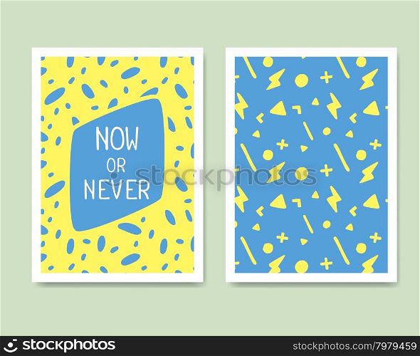 Vector Retro Color Design. Hand Drawn Abstract Modern Style Template Collection for Banner, Flyer, Placard, Brochure and Poster on Light Background. Front ad Back Side. Yellow and Blue.