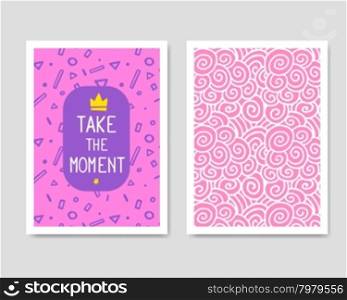 Vector Retro Color Design. Hand Drawn Abstract Modern Style Template Collection for Banner, Flyer, Placard, Brochure and Poster on Light Background. Front ad Back Side. Purple and Pink.