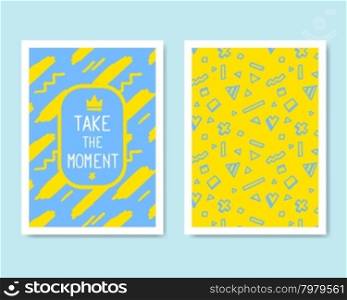 Vector Retro Color Design. Hand Drawn Abstract Modern Style Template Collection for Banner, Flyer, Placard, Brochure and Poster on Light Background. Front ad Back Side. Yellow and Blue.
