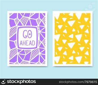Vector Retro Color Design. Hand Drawn Abstract Modern Style Template Collection for Banner, Flyer, Placard, Brochure and Poster on Light Background. Front ad Back Side. Purple and Orange.