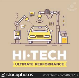 Vector retro color illustration of golden car high tech service with header on brown background. High quality car service and maintenance concept. Flat thin line art style design for car repair, wash, self-service station