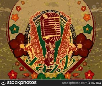 vector retro concert poster with microphone and saxophone