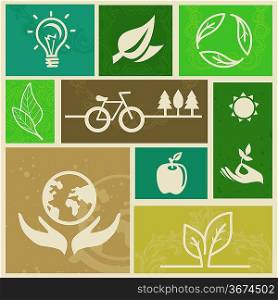 Vector retro labels with ecology signs and icons