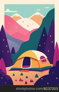 Vector Retro or Vintage Colors Storybook Style Hiking or C&ing Illustration. 