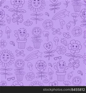 Vector Retro seamless pattern with groovy elements in linear hand drawn doodle style. Cartoon characters with faces funky flower power with patch, daisy flowers, cactus flower pot on purple background