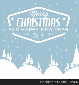 Vector retro snowy landscape as a Christmas card (blue and white)